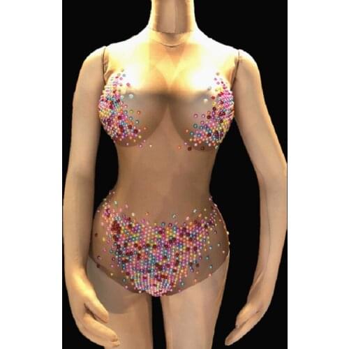 Sparkly Rhinestones Leotard One-Piece Sexy Costume Dj Female Singer Nightclub Dance Stones Skinny Stretch Bodysuit DNV10291