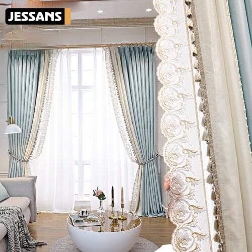 French Luxury Silk Texture Lace Stitching Curtains Blackout Curtains for Living Room Bedroom Finished Product Customization