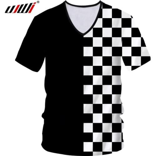 UJWI T-shirt Hot V-neck Short Sleeve 3D T-shirt Print Black and white plaid Casual 5XL 6XL Clothes Hombre Spring Tee Shirt