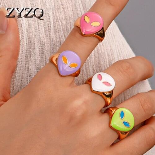 ZYZQ ins Creative Personality Color Alien Ring For Women Punk Hip Hop Geometric Ring Temperament Street Jewelry Accessories