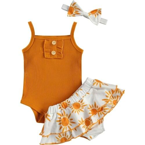 3Pcs Baby Girls Outfit Summer Solid Color Sleeveless Suspender Romper + Printing Short Skirt + Bow Headwear Set