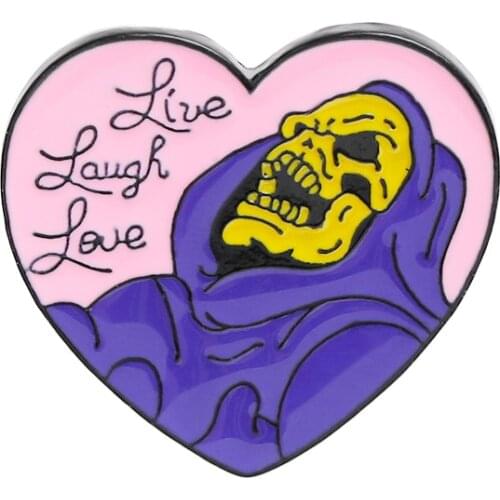 Live Laugh Love enamel pin Heart shape Skeleton Badge Brooch Lapel pin for Denim Jeans shirt bag Gothic Jewelry Gift for friend