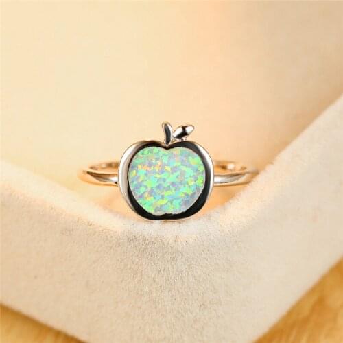Cute Female Blue Opal Adjustable Ring Rose Gold Silver Color Wedding Rings For Women Promise Fruit Apple Open Engagement Ring