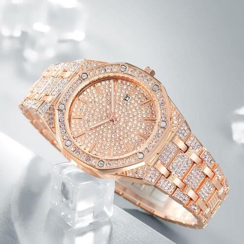 Fashion Starry Rhinestone Womens Steel Band Watch Octagonal Dial Calendar Steel Band Watch