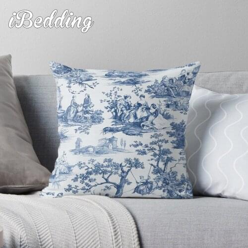 Beautiful Blue French Toile Throw Pillow Cushion Cover Polyester Throw Pillows Case On Sofa Home Living Room Car Seat Decor