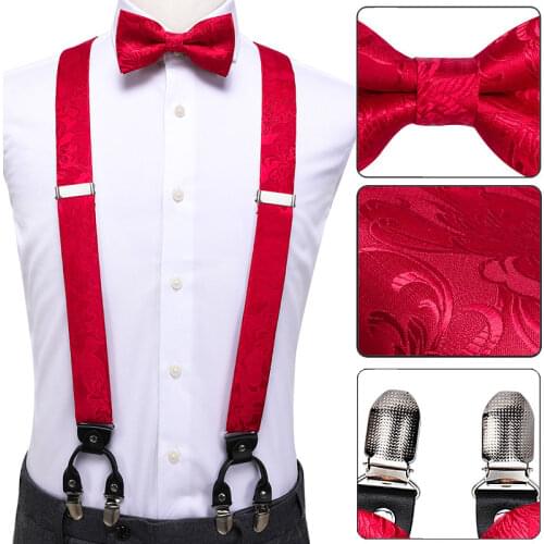 Hi-Tie 100% Silk Adult Mens Red Floral Wedding Suspender Bow Tie Set Vintage Men Fashion Leather Metal 6 Clips Suspender Braces