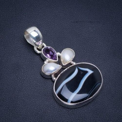 Natural Botswana Agate,River Pearl and Amethyst 925 Sterling Silver Pendant 1.5" B3321