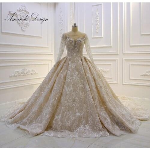 Amanda Design robe de princesse Long Sleeve Rhinestone Crystal Champagne Luxury Lace Wedding Dress