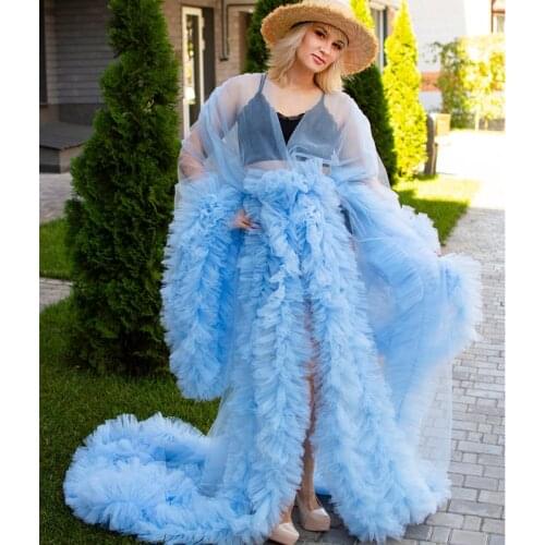 Luxury Ruffles Blue Maternity Dress Tiered Skirts Wedding Sleepwear Bathrobes Nightgowns Robes Women Dresses Kimono