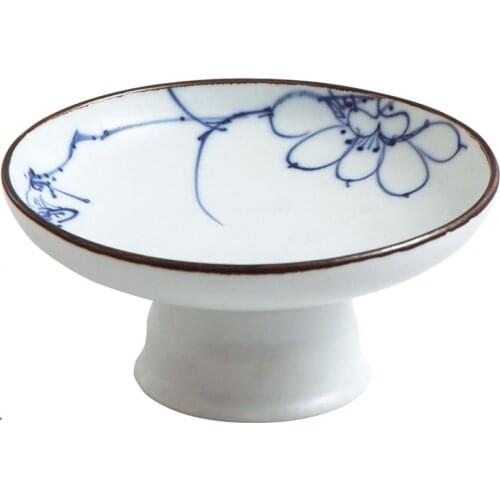 Hand Painted High Plate Lotus Ceramic Standing Tray Red Plum Ceramic High Dish for Fruits Tea Cake Dessert Nut