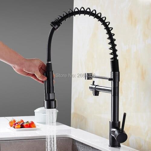 GIZERO Blacken Spring Pull Down Kitchen Faucet Dual Spouts 360 Swivel Handheld Shower Kitchen Mixer Crane Solid Brass GI2106B