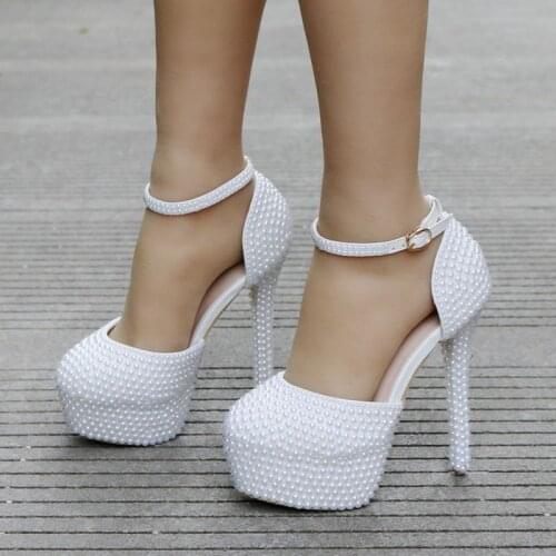 Women Shoes Pumps Dress pearl Waterproof platform Hollow Round Toe Thin Heels 14 cm High Heels Womens Wedding Shoes