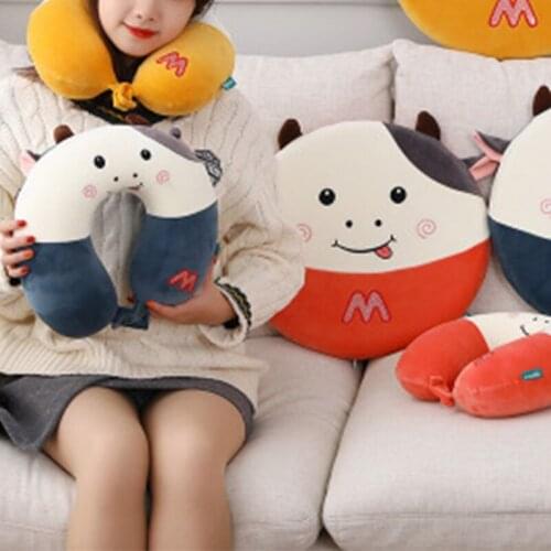 Cute Cow U-Shaped Plush Sleep Neck Protection Pillow Seat Chair Back Round Cushion for Children Adults Home Office Decor