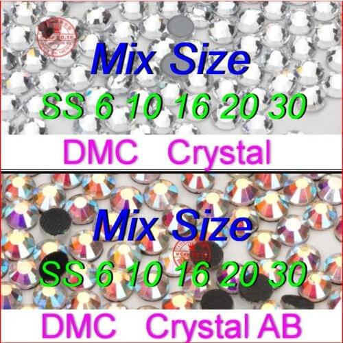 Top Quality ! SS 6 10 16 20 30 1000pcs/bag Mixed Size Crystal AB Shine Color DMC Hot Fix Rhinestone iron on Stones Women Clothes
