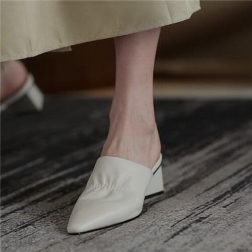 2021 New Genuine Leather Pleated Women Mules Summer Pointed Toe Thick High Heels Sandals Slingbacks Party Shoes Woman Heels