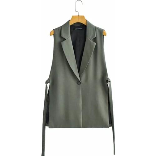 XEASY 2021 Summer Women Casual Grey Side Slit V Neck One-Button Vest Female Vintage Waistcoat Sleeveless Ladies Chic Top