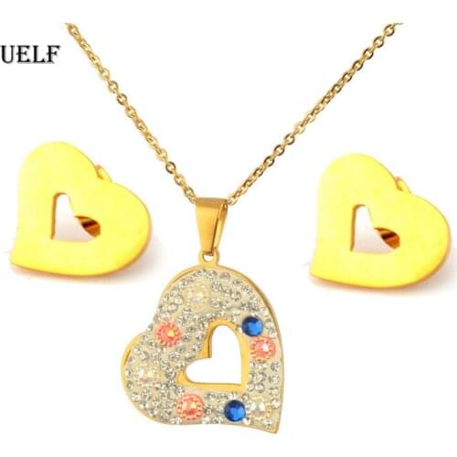 UELF Stainless Steel Jewelry Sets For Women Heart Pendant Necklacae Stud Earrings Fashion Jewelry Gift Collares Mujer
