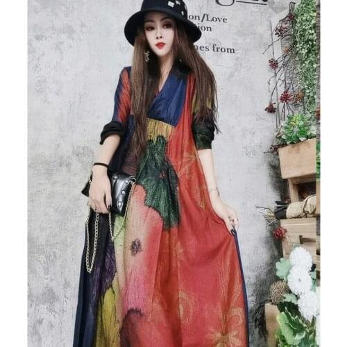Unique Long Dresses Flower Print Female Spring 2021 Womens Clothing Bohemian Dress for Women V Neck Long Sleeve Vestidos XC425