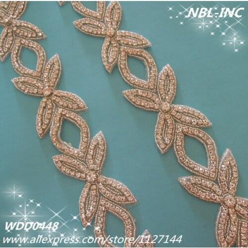 10 YARDS )Wholesale hand beaded bridal rhinestone bow applique trim iron on for wedding dress garment WDD0448