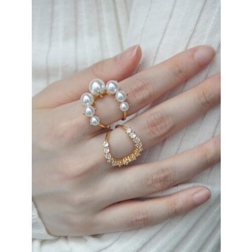 2020 Korea Fashion Gold Color Cuff Circle Ring Women Imitation Pearl Flower Open Ring Adjustable Accessories Wedding Jewelry