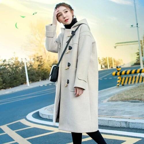 2021 New Women Winter Horn buckle Woolen Jacket Hooded Coat Warm Thicken Long Overcoat Loose Casual Female Plus size Wool Jacket