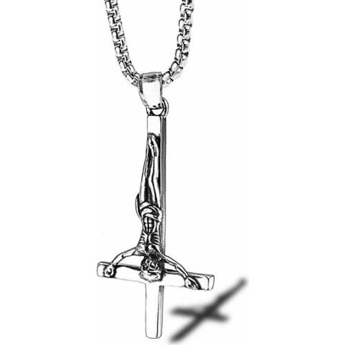 Stainless Steel Satan Christ Jesus Gold Inverted Cross Pendant Necklace Mens Church Best Gift For Him with Chain