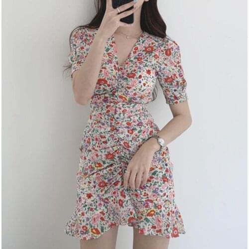 Elegant Print Floral Dress Women Korean Style Sweet Chiffon Sexy Mini Dress Female Chic Designer Slim Casual Holiday Dress 2021