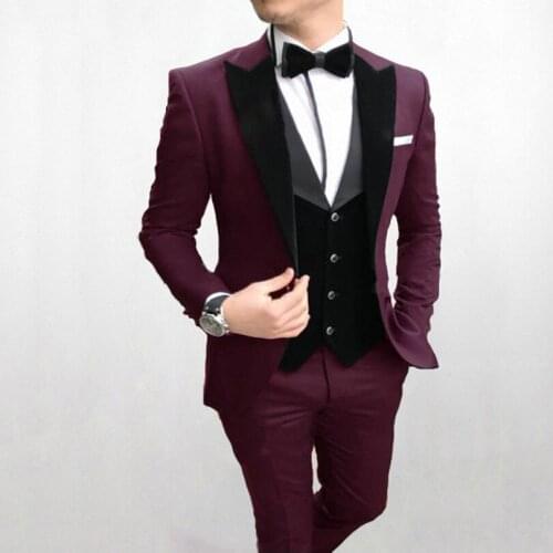 Custom Made Men Suits Burgundy and Black Groom Tuxedos Peak Lapel Groomsmen 3 Pieces Set ( Jacket+Pants+Vest+Bow Tie ) D317