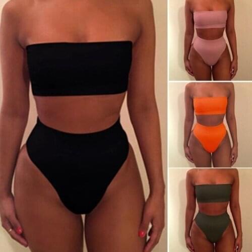 Bikini Women For Beach 2019 Bandeau High Waist Sheer Bikini Black Yellow Pink Swimsuit Push Up Off Shoulder Bathing Suit Women