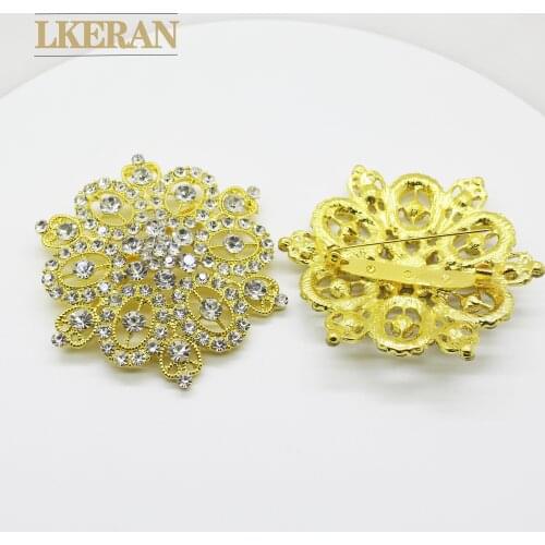 LKERAN 2Pcs 6.5cm Golden Flower Rhinestone Crystal Brooche buttons for Women Men Wedding Bridal Party Round Bouquet Brooch