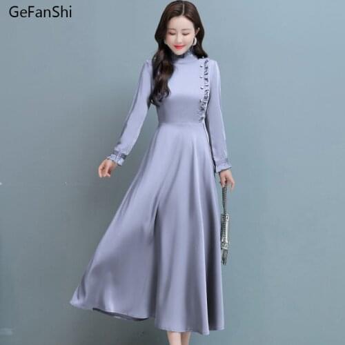 2021 New Spring Autumn Women Dresses Casual Satin Long Sleeve Ruffles Dress Fashion Elegant Slim Office Lady Dresses Robe