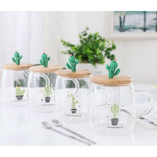 Originality Heat-resisting Glass Coffee Mug Cactus Flower Receptacle Lovely Milk Cup Teacup Personality Bring Cover Spoon Cup