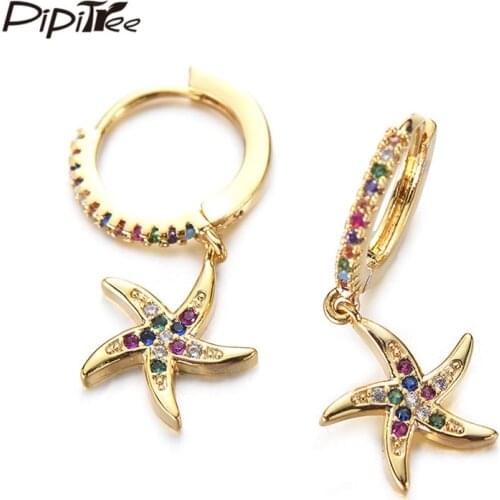 Pipitree Beach Sea Series Multicolor Cubic Zircon Hoop Earrings Conch Shell Starfish Drop Earrings for Women Jewelry Gift