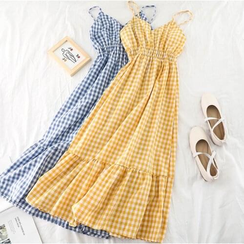 SINGRAIN Women Long Plaid Strap Dress v neck summer vintage sundress sleeveless cami dress boho high waist A-Line midi dresses