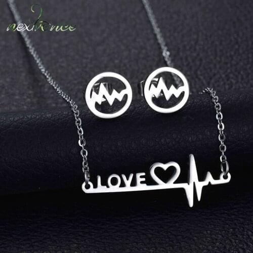 Nextvance Stainless Steel Heartbeat Earring Necklace Set Love Heart Letter Jewelry Set For Women Valentines Gift Collares