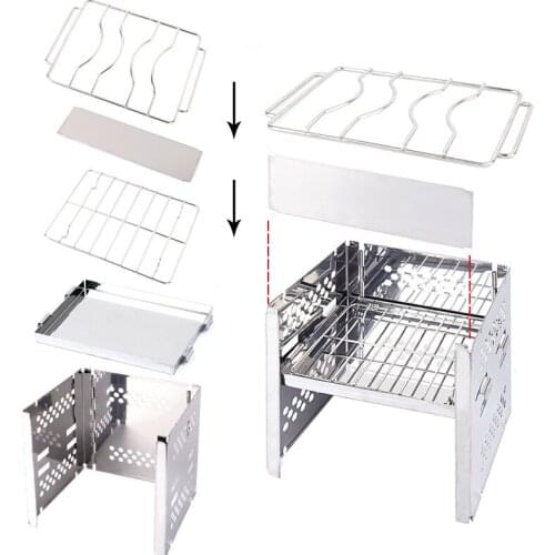 Outdoors Camping BBQ Furnture Outdoors&Household Stainless steel Protable Folding Fire Plate Grillmulti-Function Barbecue Shelf