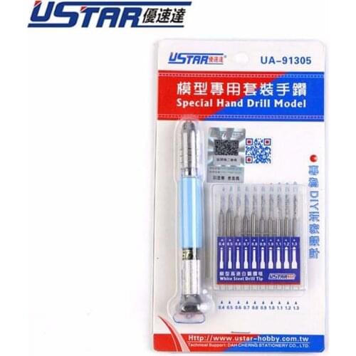 U-Star UA-91305 Special Hand Drill Model kits,with 10 White Steel Drill Tips(0.4mm~1.3mm)