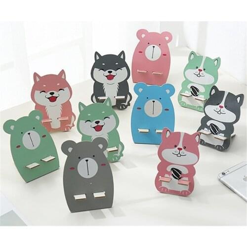1PCS Portable Lazy Universal Wood Cute Cartoon Mobile Phone Holder Stand Removable Cute Cat Dog Painting Desk Cell Phone Stand