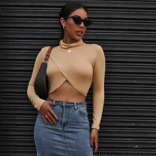 2021 Spring Girls Sexy T-Shirt Turtleneck Long Sleeve Tops Women Fashion Irregular Slim Fit Crop Top Streetwear Womens Tee