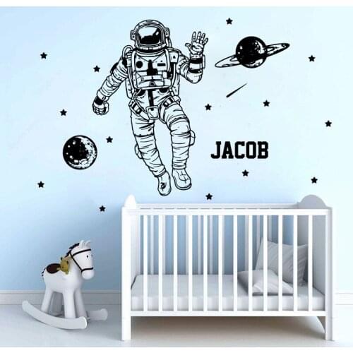 Custom Name Cosmonaut Astronaut Wall Sticker Kid Room Personalized Name Space Star Planet Wall Decal Playroom Vinyl Decor