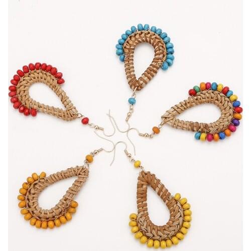 Royalbeier Women Boho Natural Rattan Colorful Bead Earrings Woman Handmade Beads Earrings Fashion Jewelry