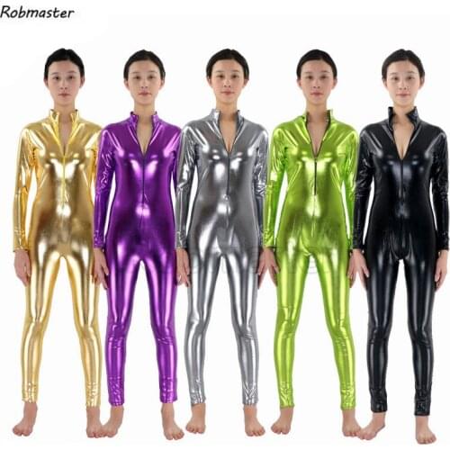Women Kids Latex Suit Black Shiny Metallic Catsuit Tights Gold Zentai Suit Full Body Zipper Front Unitard Custom Skin Bodysuit