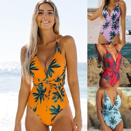 Summer New Style Swimsuit Fashion Retro Coconut Tree Print Womens One Piece