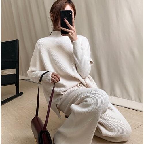 Fashion Suit Women 2020 New Winter Knitted Turtleneck pullover Sweater + Vest + Knit wide leg Pants 3pcs Clothes Set