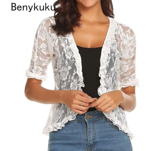 Women Shrug Summer Tops Ladies Half Sleeve Cropped Lace Bolero Formal Evening Party Elegant Slim Woman Clothes Open Front Coat