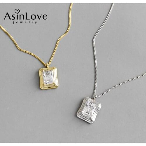 AsinLove 925 Sterling Silver Geometric Square Zircon Necklaces for Women Minimalist 18K Gold Pendant Necklace Handmade Jewelry