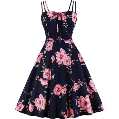 Pink Floral Print Summer Dresses 50s Cotton Swing Dress Spaghetti straps Sexy Beach Female Dress Plus Size Tunic Midi Sundress
