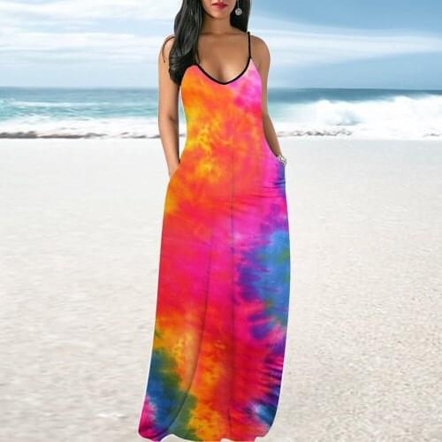 Rainbow Tie Dye Print Summer Bohemian Dress Women Spaghetti Strap Sleeveless Holiday Dresses Vintage Side Pocket Loose Robe