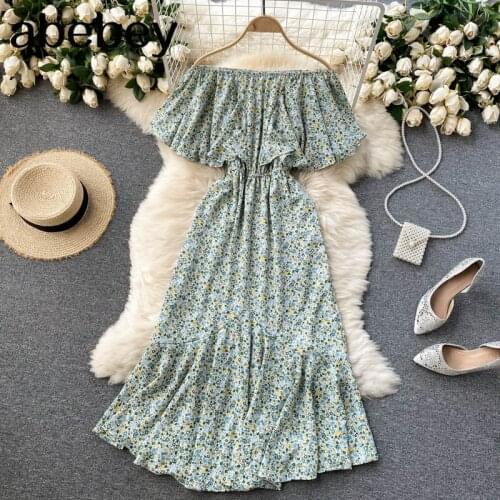 Summer Clothes For Women Vintage Floral Print Midi Dress Elegant Ruffle Off Shoulder Dress Beach Dresses For Women 2021