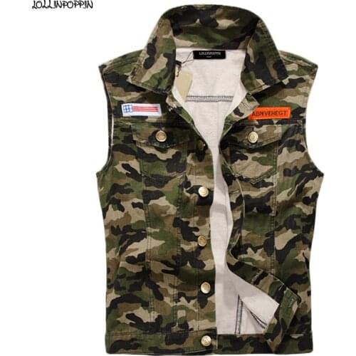 Military Style Men Camouflage Denim Vest Turn Down Collar Letters Embroidery Badge Camo Pattern Mens Single Breasted Waistcoat